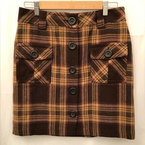 Ann Taylor LOFT Plaid Brown Mini Skirt Button Preppy Y2K Size 6